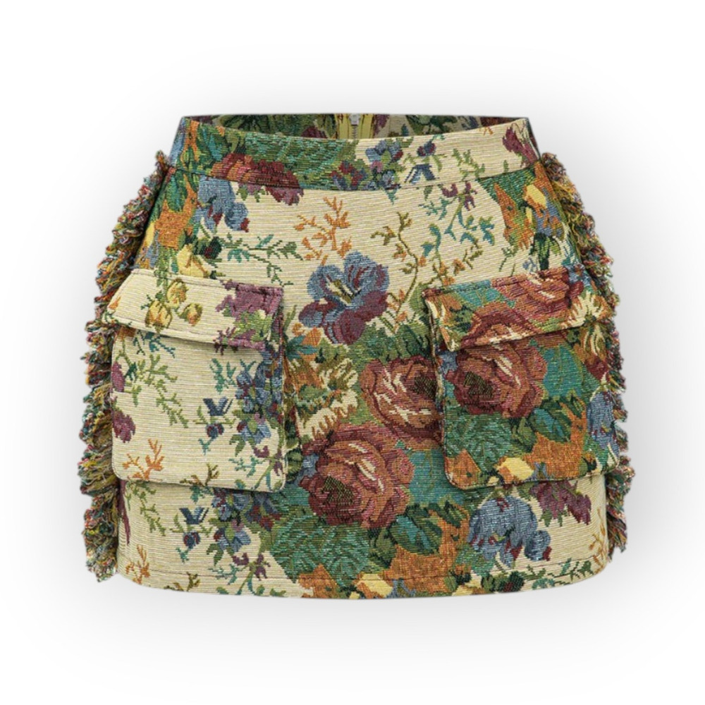 Micas Jacquard Frayed Floral Print Pocket Mini Skirt – XL - Picture 2 of 6